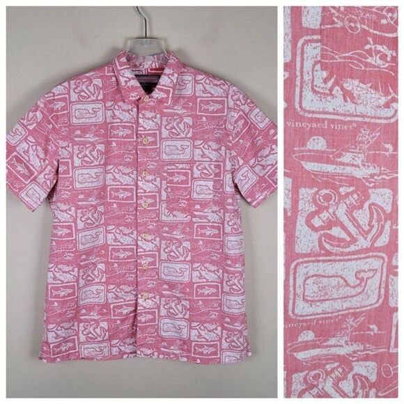 Vineyard Vines Size S Oversized Hawaiian Short Sleeve Button Up Shirt Red Pink - Picture 1 of 11